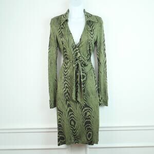 DIANE VON FURSTENBERG VINTAGE JEANNE Green Brown Animal Print SILK WRAP DRESS 4